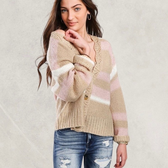 WISHLIST APPAREL Striped Button Front V-Neck Relaxed Sweater Cardigan-M/L NWT - Picture 3 of 5